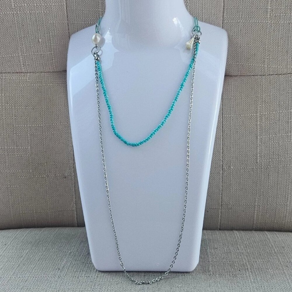 Free Press Women Necklace Turqouise/Silver Tone Fashion Jewelry Long Necklace NW